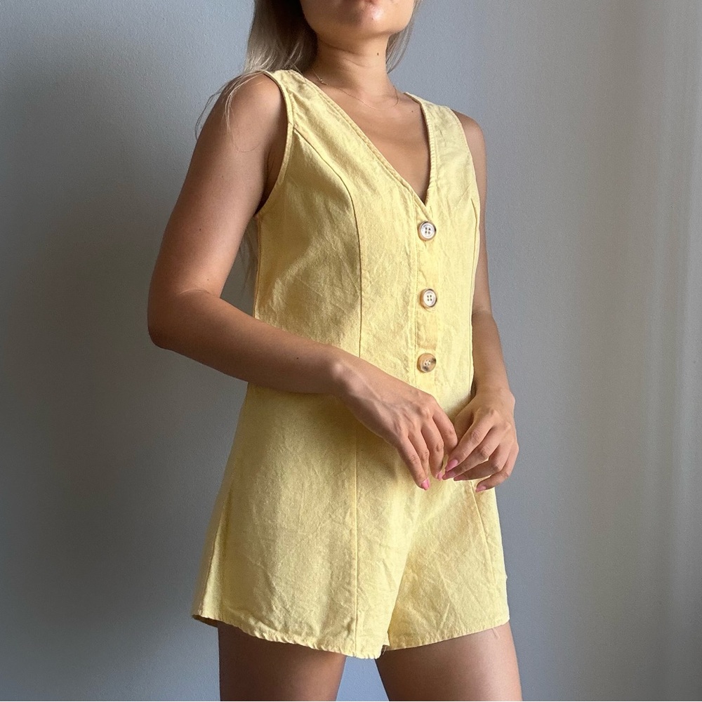 Princessp Polly Linen Button Front Sleeveless Romper / Playsuit in Butter Yellow